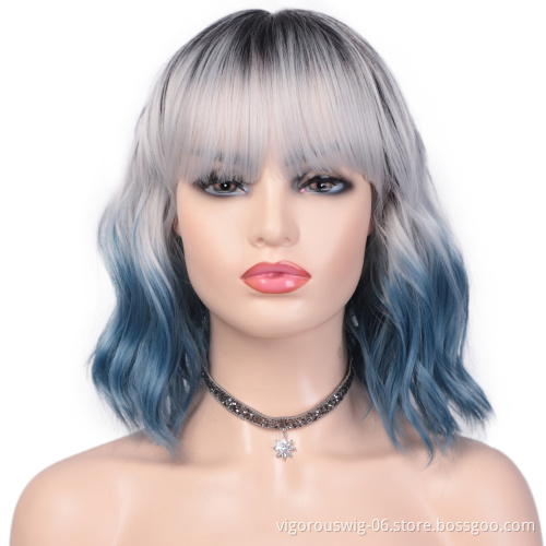 African Wholesale New Fashion For Women Ombre Black White Blue Curly Good Quality Synthetic Short Hair Wigs